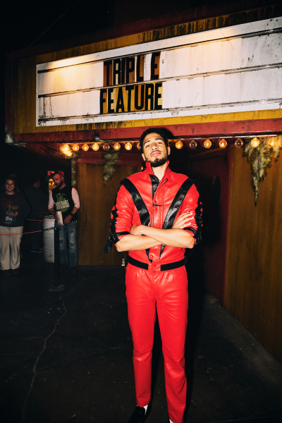 Tyrese Haliburton under the movie theater marquee at Nightmare on Edgewood