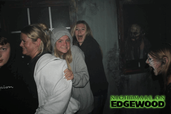 Jump scare photo of customer reaction at Nightmare on Edgewood 2025