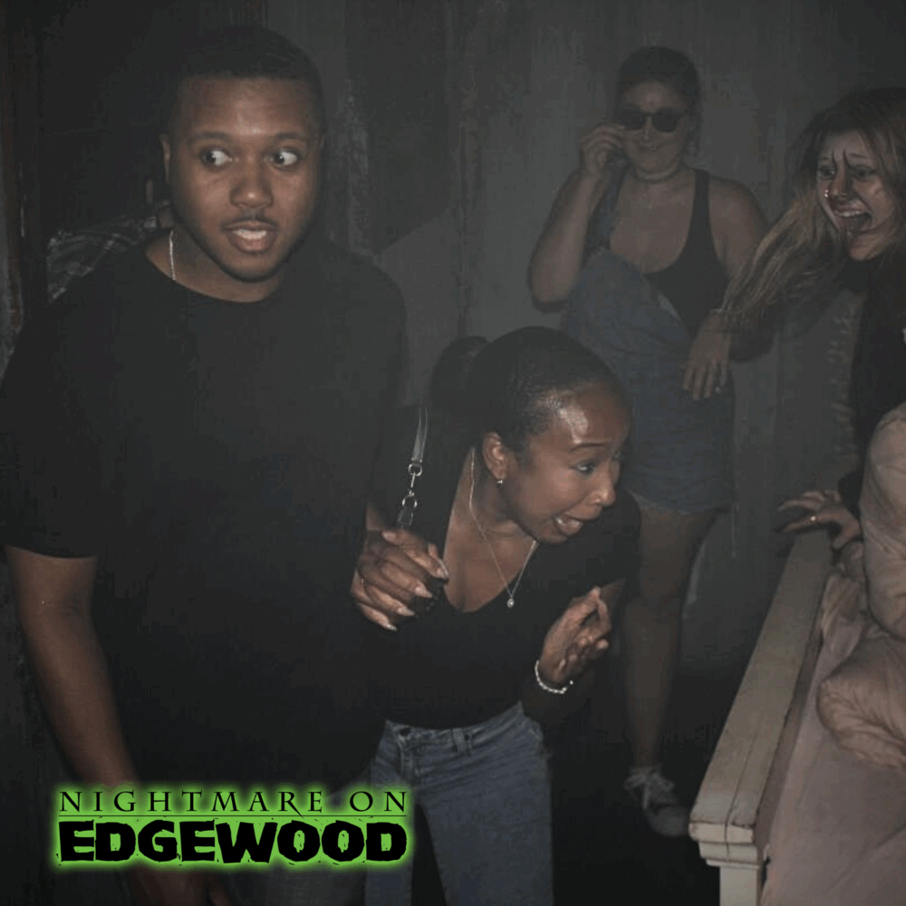 Jump scare photo of customer reaction at Nightmare on Edgewood 2025