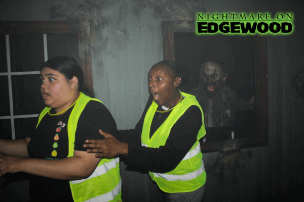Jump scare photo of customer reaction at Nightmare on Edgewood 2025