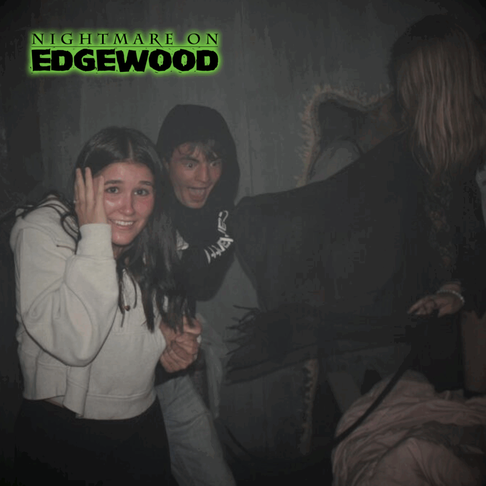 Jump scare photo of customer reaction at Nightmare on Edgewood 2025