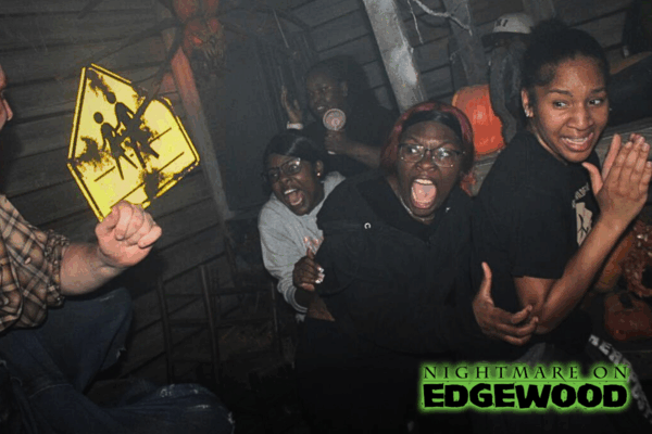 Jump scare photo of customer reaction at Nightmare on Edgewood 2025